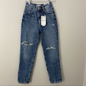 Zara Classic Mom Fit Hi Rise Ankle Jeans Distressed Size 0  Cotton Denim